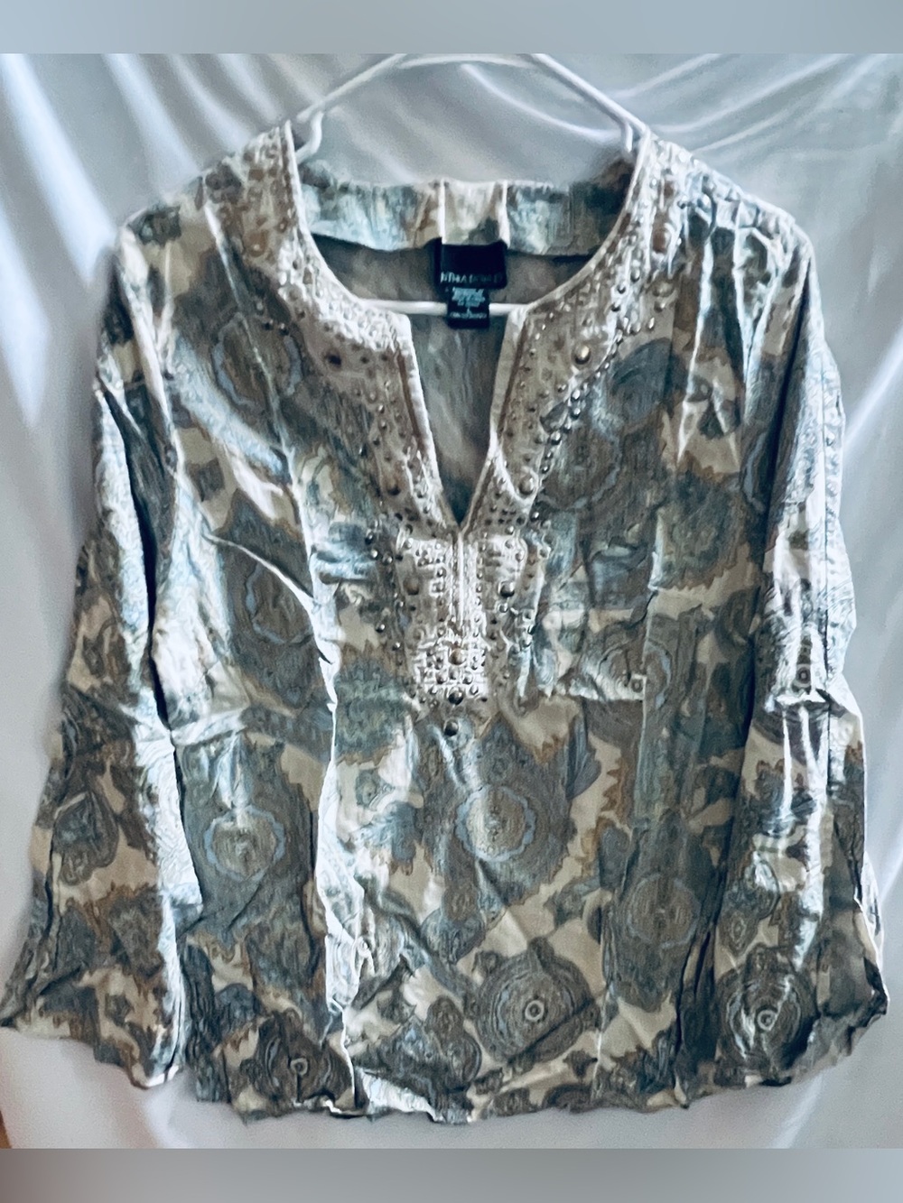 Cynthia Rowley Paisley Linen Blend Embellished Tunic Blouse Blue Size L Boho